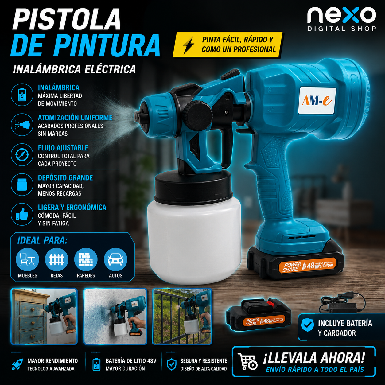 PISTOLA DE PINTURA 2 BATERIAS 48V