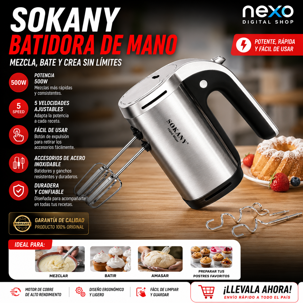 BATIDORA DE MANO SOKANY 5 VELOCIDADES, CON ACCESORIOS.